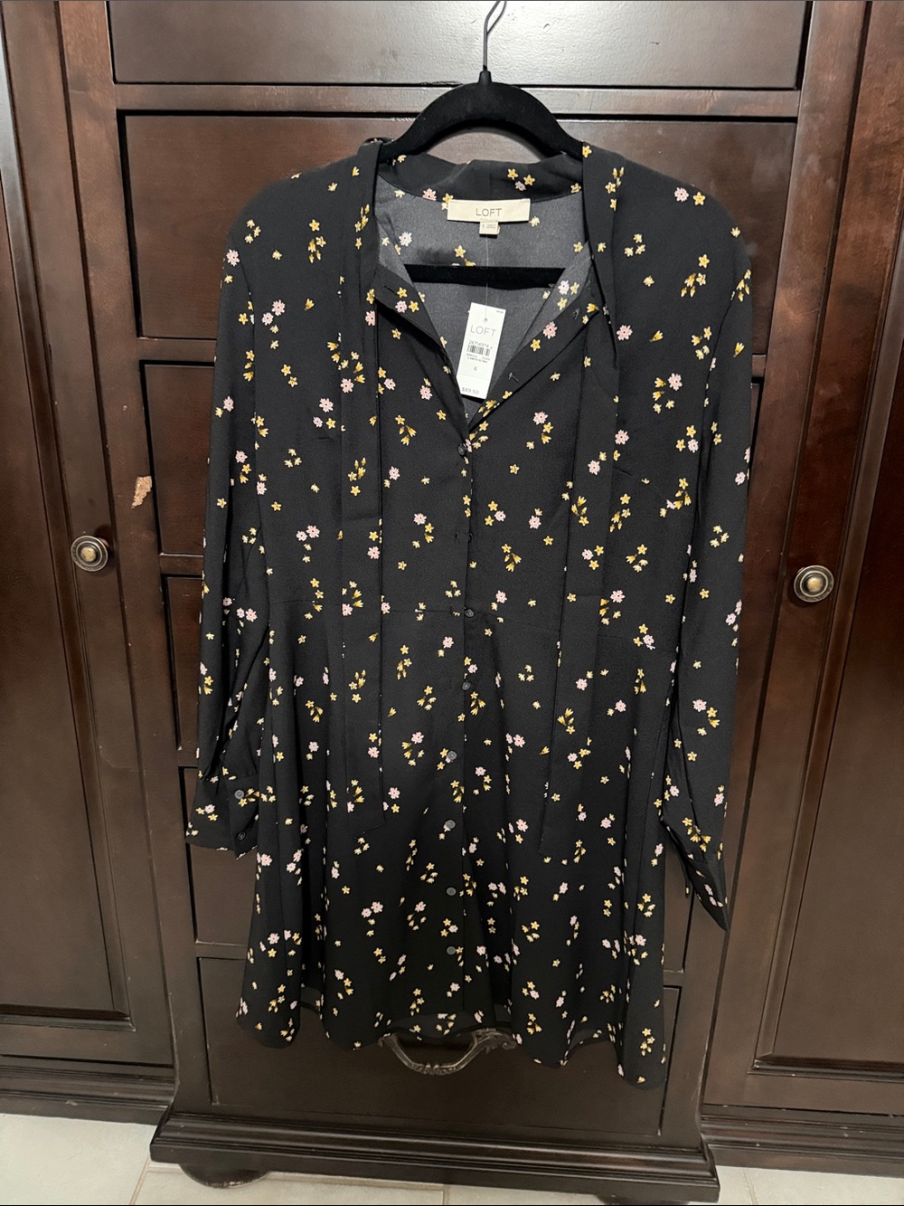 LOFT Black Floral Button-Front Long Sleeve Dress